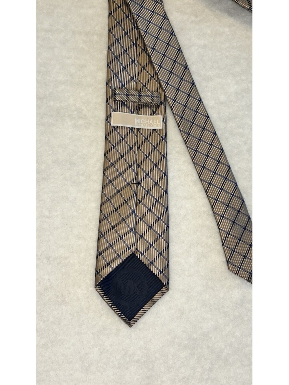 102-Michael Kors Men's Woven Silk Plaid Check Tie Gray Blue with Logo Accent